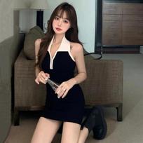 Summer neck slim backless dress female sexy spice polo collar vest skirt temperament waist hip skirt S