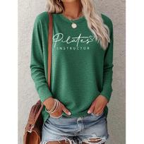 Women's  Pilates Instructor  Handwritten English Letter Slogan Print Casual Long Sleeve Elegant Summer Top, Fashionable and Cute M tamsiai žalia spalva