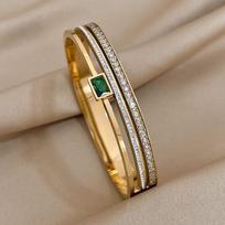 Stainless Steel Cuff Bracelet For Women Mens Gold Silver Color Couple Bracelets Green White Rhinestone Wide Bangle Gift