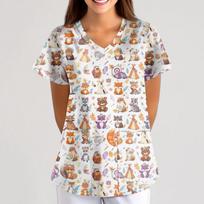 Plus Size Printed Scrub Working Uniform Tops For Women's Cross V-Neck Halloween Print Short Sleeve Fun T-Shirts Workwear Tee With Pockets L smėlis