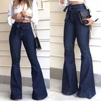 Women Jeans Solid Color High Waist Flare Pants Zipper Fly Flat Pockets Streetwear Slim Patchwork Button Slight Strech Belt S tamsiai mėlyna spalva