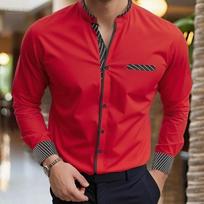 Men's Mandarin Collar Long Sleeve Shirt Slim Fit Casual Business Shirt With Striped Cuffs and Pocket Detail M raudona