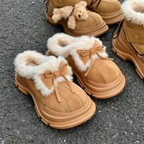 Fashion Platform Women Bow Snow Boots Fur Slippers 2025 Winter Suede Shoes Short Plush Warm Flip Flops Ankle Shoes Women Chelsea Boots 35 kaštoninė