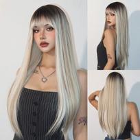 Sintetinis sluoksniuotas perukas Ilgas rožinio aukso tiesus perukas su kirpčiukais Šviesus Cosplay vakarėliui Natūralių plaukų perukas moterims Atsparus karščiui gray