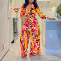 Women 2 Pc Sets Printed Blouse Fashion High Street Wide Leg Pants Wear Female Plus Size XxxlPant Sets Women Summer Suits S geltona