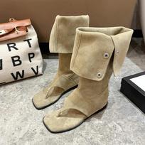 Women's Small Size Sandals Lazy Wind Round Head Clip Toes Within The High Sandals Boots Button Flip Tube Two Wear Fashion Shoes 35 chaki