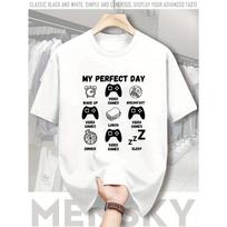 Men's Casual Gaming Pattern T-Shirt My Perfect Day Design with Video Game and Food Icons Breathable Summer Short Sleeve S įvairiaspalvis