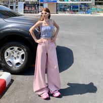 Early Spring Vintage High Waist Pink Saber Cut Relax Wide Leg Denim Pants For Ladies Casual Pants Oversize Denim Trousers XS