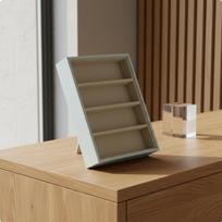 4 skyrių medžio rašto apdailos stalo akinių laikiklis, minkštu pluoštu pamušalu, vertikalus White Leather Beige black