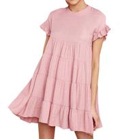 Women's Neck Ruffle Short Sleeve Babydoll  Dress Ruffle Swing Dress Ruffle Cake Dress S rožinė