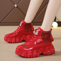 Winter Red Women Ankle Boots With Fur Platform High Top Women Shoes Thick Sole Leather Women Snow Boots Bling Ladies Casual Shoe 37 brown