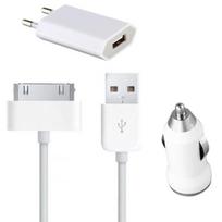 3-in-1 Charger Pack - Phonillico® - Compatible iPhone 4/4S/3G/3GS - White - USB - Mains Charger and Car Charger balta