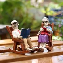 Skeleton Couple Figurines Rocking Chair Skull Sculpture Resin Statue Couple Reading Ornament Home Decor For Shelf Table China Mainland