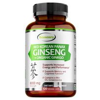 Xemenry ekologiško raudonojo ženšenio ir ginkmedžio kapsulės, 6000 mg stiprumo, augalų ekstraktai, sudėtyje yra ginsenozidų, tinka suaugusiems 120*1 green