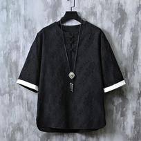 Kimono Japanese Style Men's Short Half Sleeved Shirt T Shirt Japanese Knitted Cardigan Clothing Linen M juoda