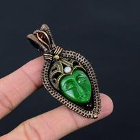 Attractive Carved Face Cameo & Moonstone Gemstone Pure Copper Wire Wrap Handmade Jewelry Pendant 2.76 Inches žalia