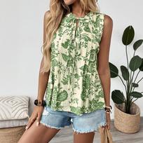 2026 Summer New Style Elegant Printed Pleated Tie-Waist Sleeveless Shirt for Women S žalia