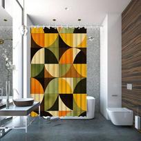 1pc Mid-Century Modern Geometric Shower Curtain - Abstract Interlocking Circles Design in Yellow, Green, Brown & Beige on Dark 90x180cm