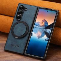 I Magnet Wireless Charging Phone Case Oil Wax Faux Leather 360° Rotating Stand Buckle for Samsung Galaxy Z Fold 7 6 5 Galaxy Z Fold7 mėlyna