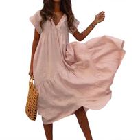 Ladies Fashion Casual Solid Color Cotton Linen Loose Collar Women's Dress L rožinė