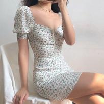 2025 Summer Women's Lace-Up Puff Sleeve Slim Floral Mid-Length Dress Large abrikosas