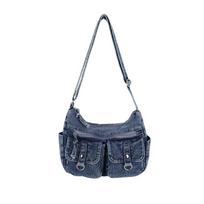 Retro denim bag multi-pocket messenger bag student popular messenger bag fashionable versatile large capacity commuter shoulder bag tamsiai mėlyna spalva