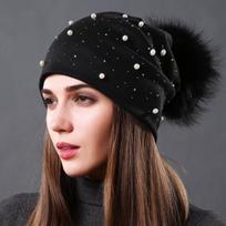 Perlamutrinė dvisluoksnė medvilninė kepurė su megztiniu Universali moteriška rudens žiemos madinga meškėno rutulinė kepurė Moteriška šilta kepurė One Size black