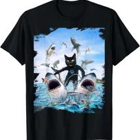 Black Cat Riding Shark Sharks At Beach Ocean Funny T-Shirt S juoda