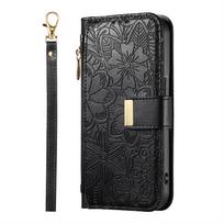 Gėlėta reljefinė odinė piniginė su atverčiamu dėklu, skirta Samsung Galaxy Note 20 Ultra Xcover 7 M53 M33 M15 M36 5G, su raišteliu ant riešo Galaxy M15 violetinė