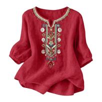 Vasariniai medvilniniai lininiai marškiniai moterims Retro siuvinėjimas Laisvi 3/4 rankovių viršutiniai drabužiai Laisvalaikio palaidinės Boho Atostogų paplūdimio marškiniai Blusas S raudona