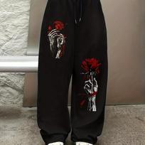 Men's and Women's Summer Retro Skeleton Hand with Red Rose Print Gothic Style Street Breathable Quick Drying Pants S
