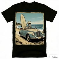 Classic Car Skeleton T-Shirt Coastal Surfboard Print Soft Cotton Casual Unisex Tshirt Retro Automotive Surfing Graphic Tee S įvairiaspalvis