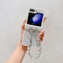 Diamond Sparkling Powder Wrist Strap Phone Case for Samsung Galaxy Z Flip 6 5 4 3 Flip6 Flip5 Flip4 Flip3 5G  5G Protective Cover For Galaxy Z Flip5 balta