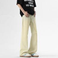 Micro-flare Washed Floor-length Jeans Solid Color Retro Hong Kong Style Loose Straight Pants Workwear Casual Pants Men's Trousers S geltona