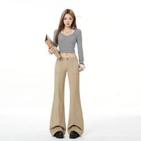 Early Spring Khaki Vintage Slim Micro Flare Height Boost Design Long Denim Pants For Women Casual Pants Oversize Denim Trousers XS