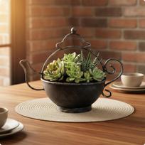 Tea Kettle Planter Vintage Style Retro Decorative Iron Teapot Pot for Garden, Black S