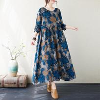 Rudens Medvilnės Kanapės Spausdinta Apvali Kaklo Laisva Didelio Dydžio Ilgomis Rankovėmis Suknelė Moterims Boho Vintage Suknelės M gray