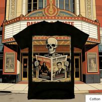 Artistic Skeleton Reader T-Shirt Cinema Newspaper Print Soft Cotton Casual Unisex Tshirt Retro Movie Graphic Tee S įvairiaspalvis