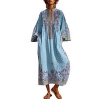 Moteriška laisvalaikio boho maxi suknelė, bohemiška siuvinėta vasarinė ilga suknelė, 3/4 rankovės, V formos iškirptė, plazdenanti, su kišenėmis, atostogų apranga S dangaus mėlyna spalva