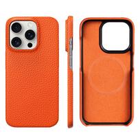 Magsafe dėklas iPhone 15 16 Pro Max Promax 16Pro, natūrali karvės oda, liči odos, magnetinis apsauginis, prabangus telefono galinis dangtelis For iPhone 15 Pro orange