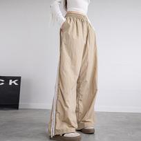 Parallel bar striped sweatpants women's spring and summer thin high waist casual loose quick-drying straight wide-leg pants S chaki
