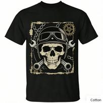 Vintage Skeleton Mechanic Graphic T Shirt, Cotton Crew Neck Short Sleeve Tee, Helmet Wrench Print Unisex Top S įvairiaspalvis