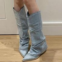 Women Pleats Blue Denim Thigh High Boots Autumn New Style Thick Heeled Pointed Toe Cowboy Boots Woman Slip on Western Long Boots 35 dangaus mėlyna spalva