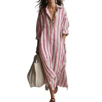Loose Shirt Dress for Women Sleeve V Neck Casual Long Striped Long Dress Travel Vacation Maxi M rožinė