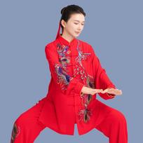 Chinese Kung Fu Tai Chi Training Exercise Suit Martial Arts Taijiquan Wushu Uniform Flower Embroidery Sequin Tops+pants Set S raudona