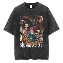 Demon Slayer Tanjiro & Nezuko Vintage Washed Graphic T-Shirt,  Kimetsu no Yaiba  Anime Streetwear Oversized Tee, Unisex Casual Top L black