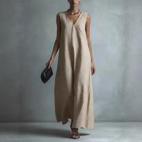 Women's Casual Fashion Sleeveless V-neck A- Line Dress L chaki