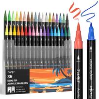 JusArt Acrylic Marker Paint Markers with Brush Tips Fine and Fine Acrylic Art Suitable for and Metallic Gift Idea Pens, 36-Color Set, (Both Tips),