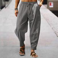 Summer Men's Solid Colour Straight Trousers Hip Hop Breathable Loose Casual Cotton Linen Trousers M tamsiai pilka spalva