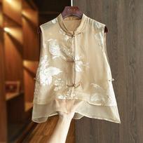 Women Bird And Floral Embroidered Mandarin Collar Frog Button Double Layer Organza Vest M chaki